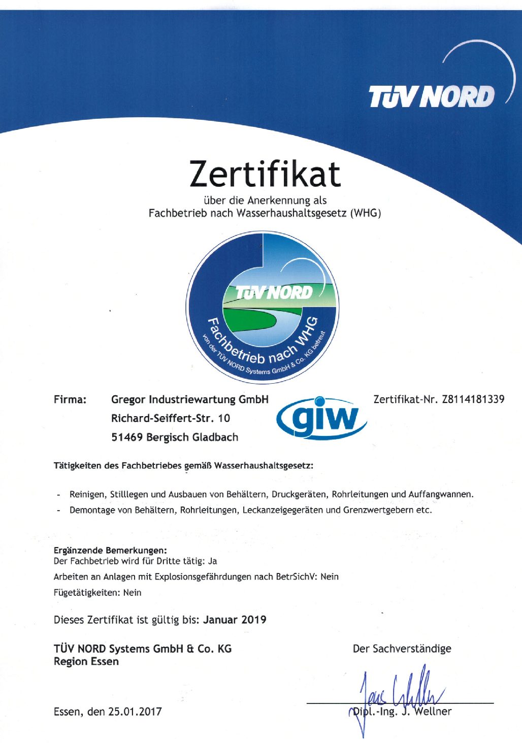 Zertifikat über Anerkennung als Fachbetrieb nach Wasserhaushaltsgesetz